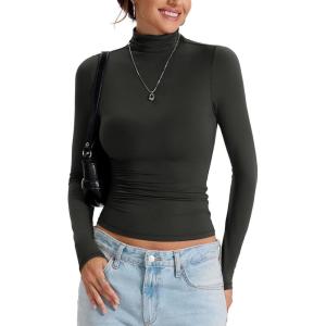 Womens Double Lined Turtleneck T Shirts Back Zipper Long Sleeve Shirts Fitted Basic Undershirts Fall Oufits(Black)