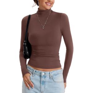 Womens Double Lined Turtleneck T Shirts Back Zipper Long Sleeve Shirts Fitted Basic Undershirts Fall Oufits(Brown)