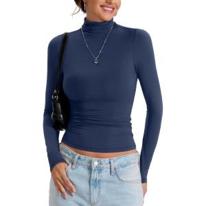 Womens Double Lined Turtleneck T Shirts Back Zipper Long Sleeve Shirts Fitted Basic Undershirts Fall Oufits(Navy Blue)
