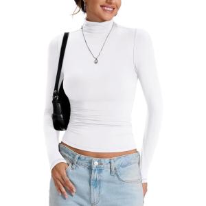 Womens Double Lined Turtleneck T Shirts Back Zipper Long Sleeve Shirts Fitted Basic Undershirts Fall Oufits(Pure White)