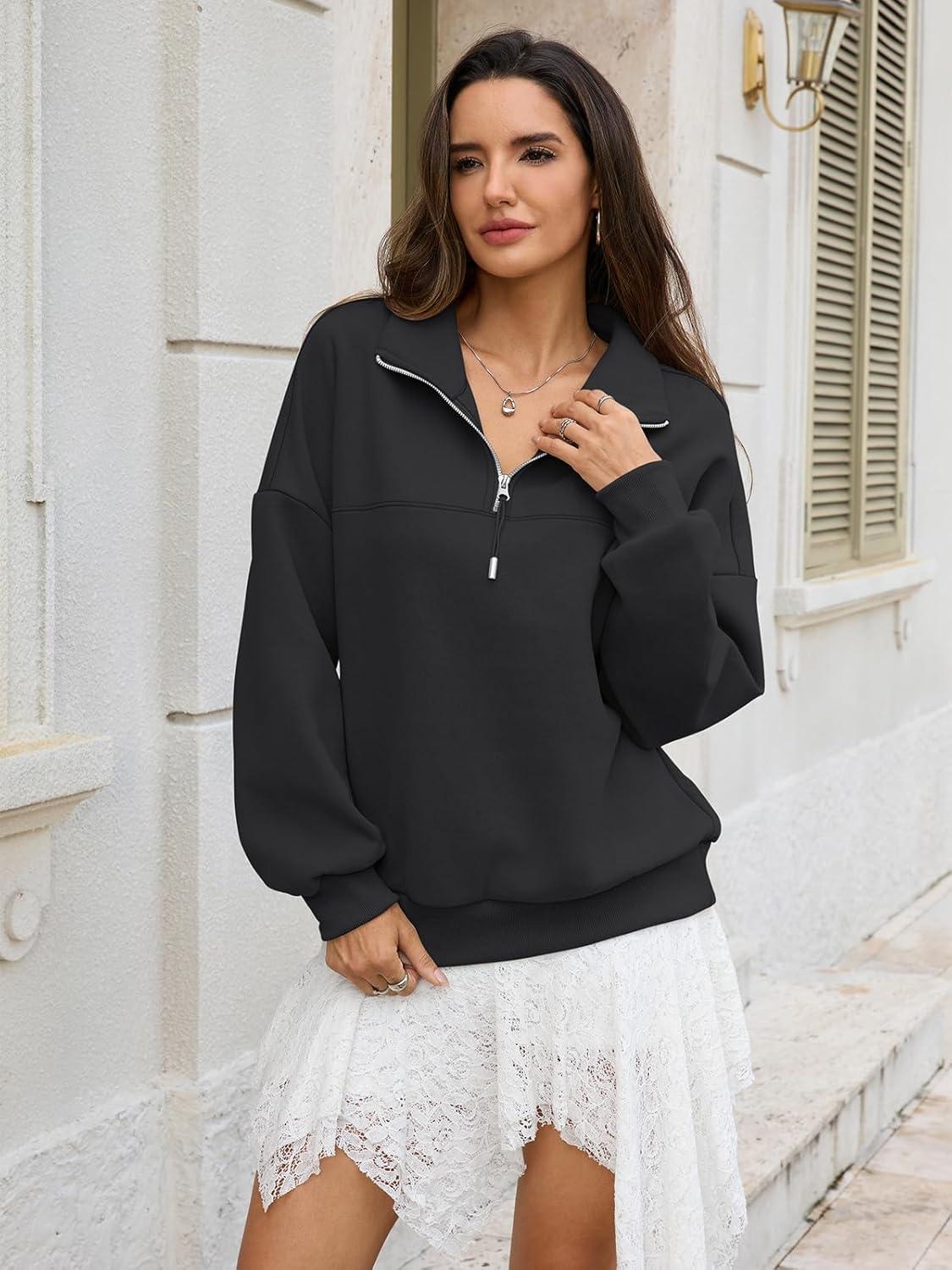 imageWomens Oversized Quarter Zip Sweatshirts Fleece Half Zipper Pullover Tops Fall Fashion Outfits Clothes 2026Black