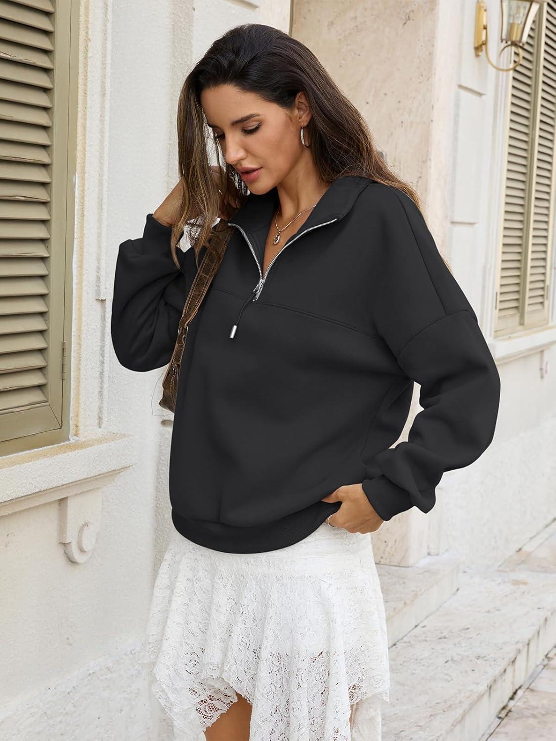 imageWomens Oversized Quarter Zip Sweatshirts Fleece Half Zipper Pullover Tops Fall Fashion Outfits Clothes 2026Black