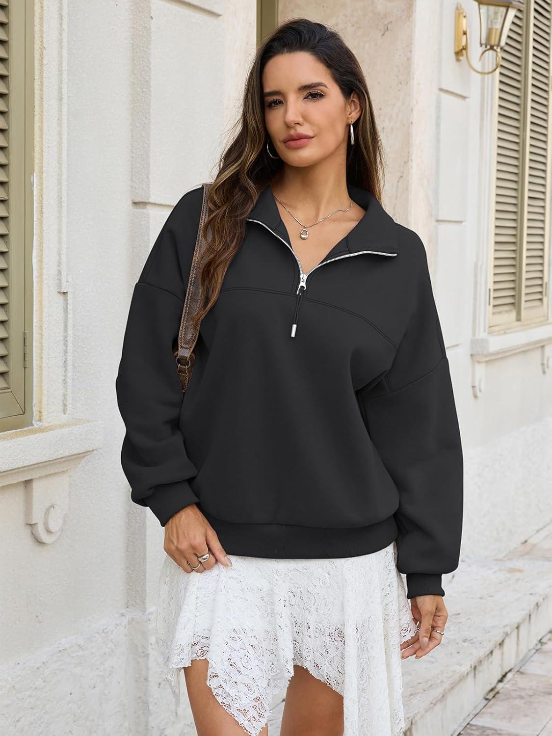 imageWomens Oversized Quarter Zip Sweatshirts Fleece Half Zipper Pullover Tops Fall Fashion Outfits Clothes 2026Black