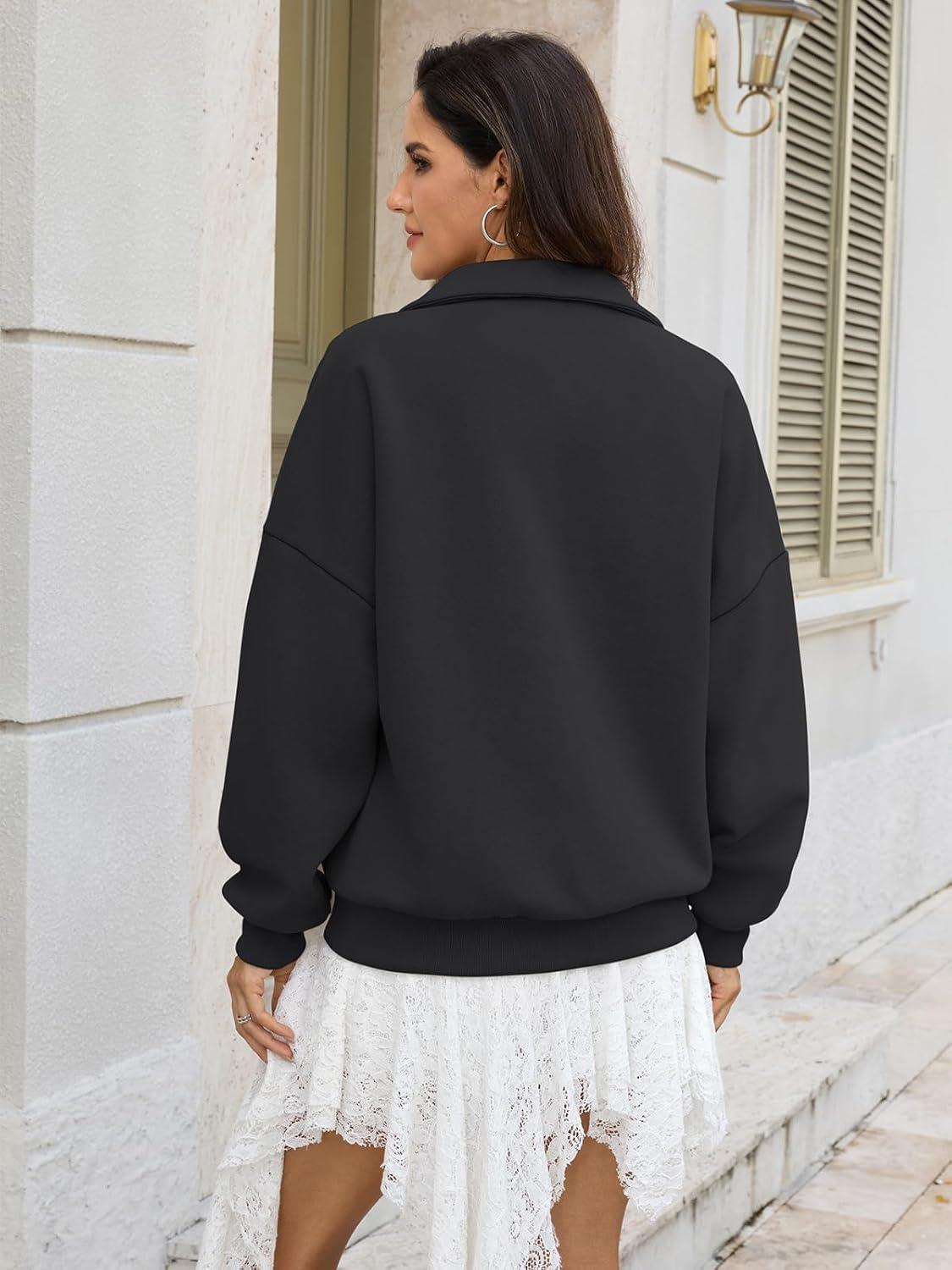 imageWomens Oversized Quarter Zip Sweatshirts Fleece Half Zipper Pullover Tops Fall Fashion Outfits Clothes 2026Black