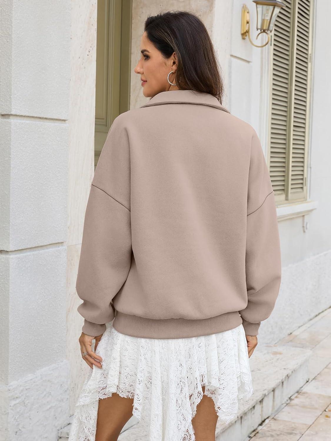 imageWomens Oversized Quarter Zip Sweatshirts Fleece Half Zipper Pullover Tops Fall Fashion Outfits Clothes 2026Coffeegrey