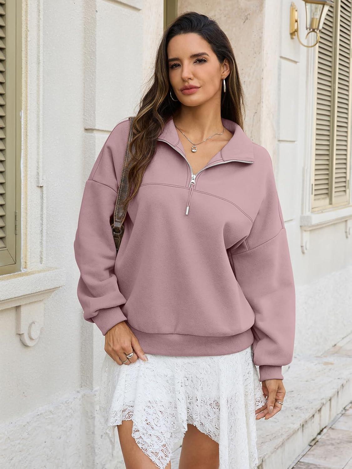 imageWomens Oversized Quarter Zip Sweatshirts Fleece Half Zipper Pullover Tops Fall Fashion Outfits Clothes 2026Dark Pink
