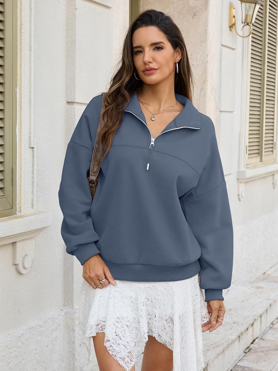 imageWomens Oversized Quarter Zip Sweatshirts Fleece Half Zipper Pullover Tops Fall Fashion Outfits Clothes 2026Dusty Blue