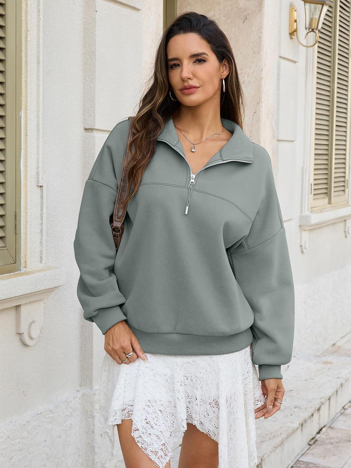 imageWomens Oversized Quarter Zip Sweatshirts Fleece Half Zipper Pullover Tops Fall Fashion Outfits Clothes 2026Dusty Green