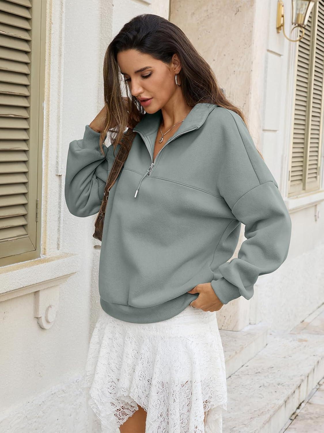 imageWomens Oversized Quarter Zip Sweatshirts Fleece Half Zipper Pullover Tops Fall Fashion Outfits Clothes 2026Dusty Green
