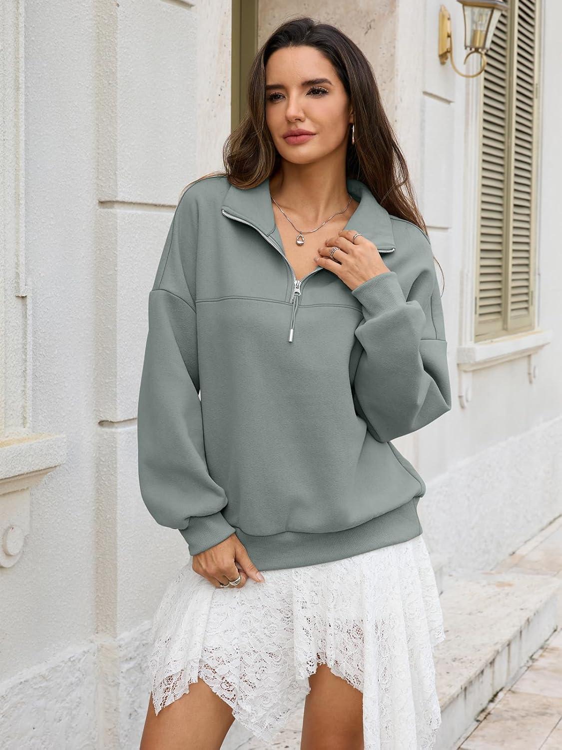 imageWomens Oversized Quarter Zip Sweatshirts Fleece Half Zipper Pullover Tops Fall Fashion Outfits Clothes 2026Dusty Green