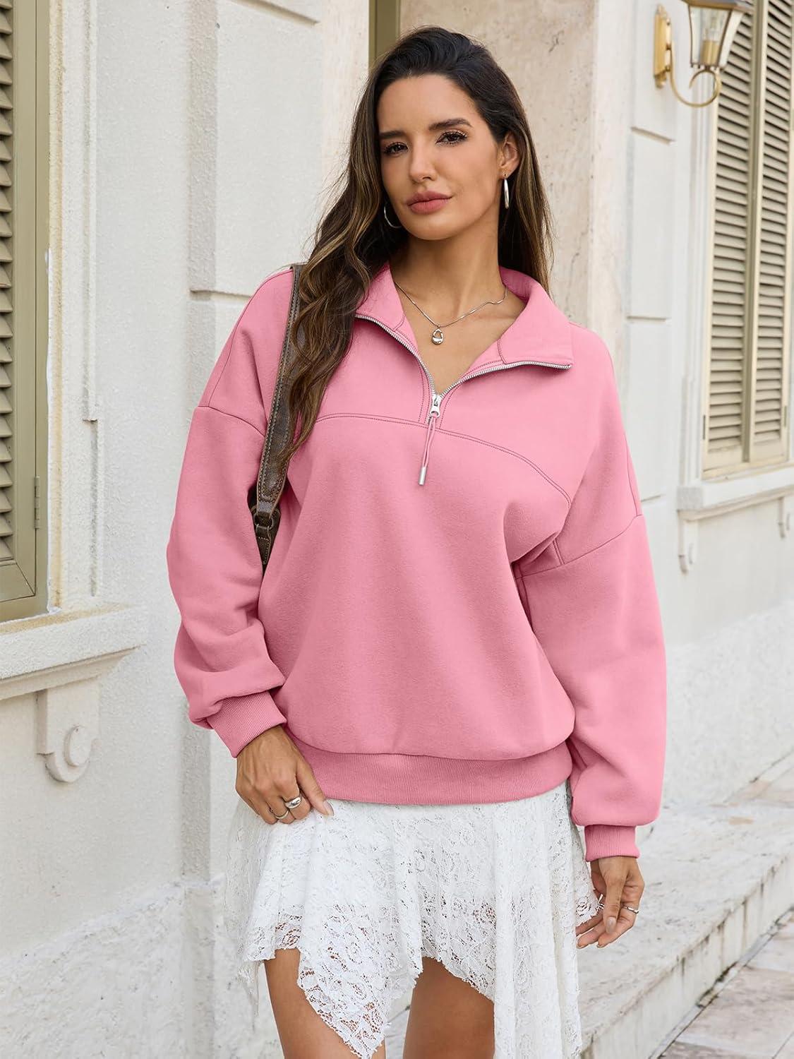 imageWomens Oversized Quarter Zip Sweatshirts Fleece Half Zipper Pullover Tops Fall Fashion Outfits Clothes 2026Pink