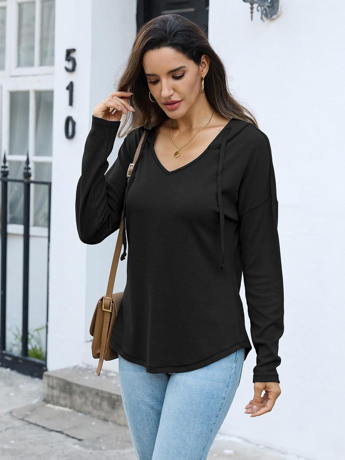 imageWomens V Neck Hoodies Lightweight Drawstring Sweatshirts Casual Loose Pullover Fall Long Sleeve Hooded Top 2026Black