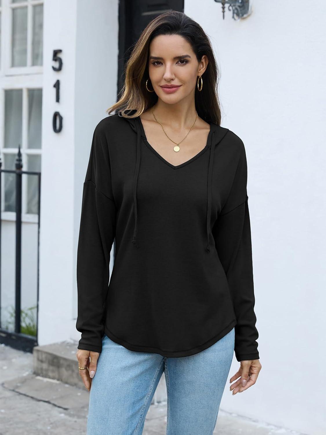 imageWomens V Neck Hoodies Lightweight Drawstring Sweatshirts Casual Loose Pullover Fall Long Sleeve Hooded Top 2026Black