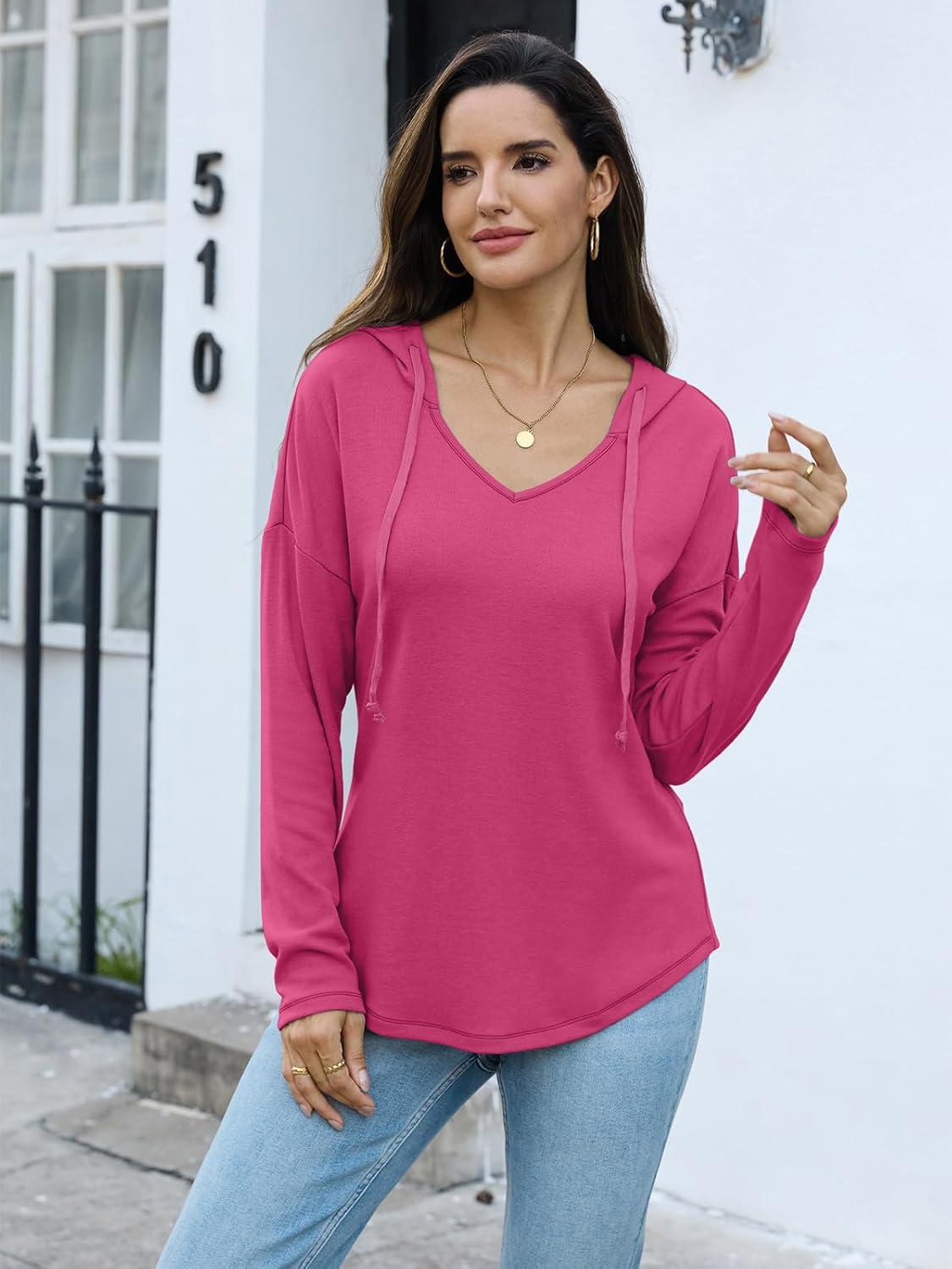 imageWomens V Neck Hoodies Lightweight Drawstring Sweatshirts Casual Loose Pullover Fall Long Sleeve Hooded Top 2026Hot Pink