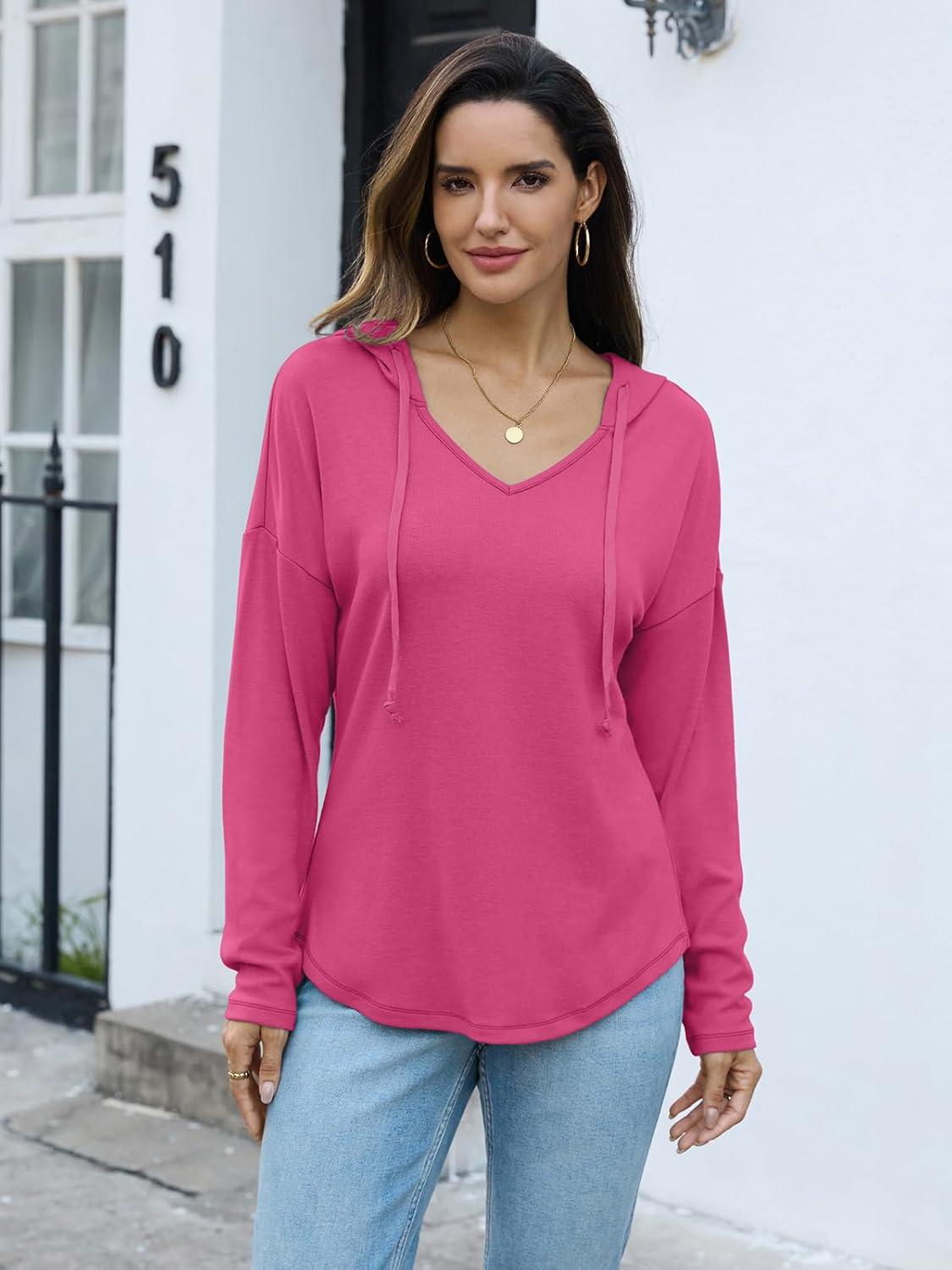 imageWomens V Neck Hoodies Lightweight Drawstring Sweatshirts Casual Loose Pullover Fall Long Sleeve Hooded Top 2026Hot Pink