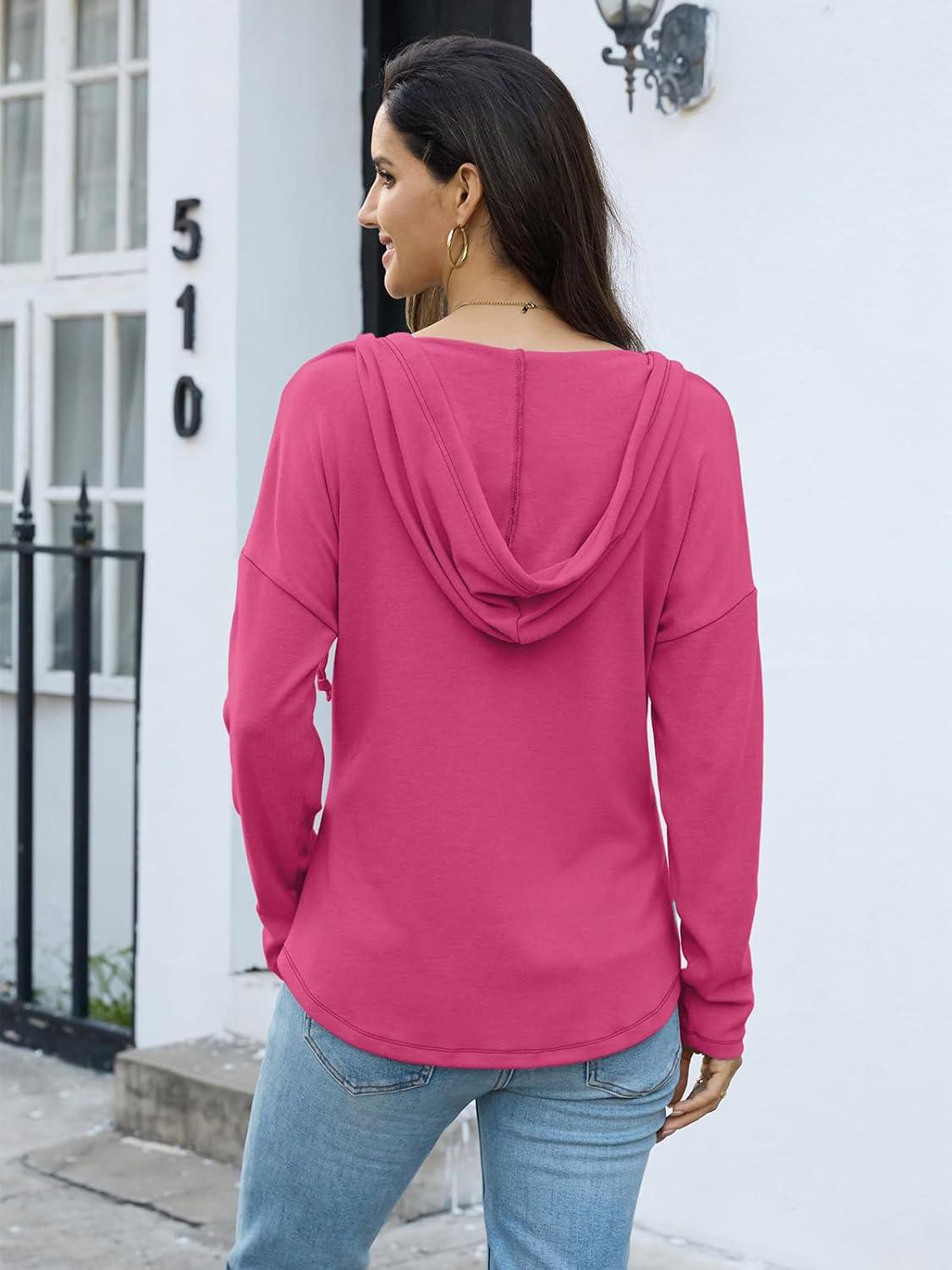 imageWomens V Neck Hoodies Lightweight Drawstring Sweatshirts Casual Loose Pullover Fall Long Sleeve Hooded Top 2026Hot Pink