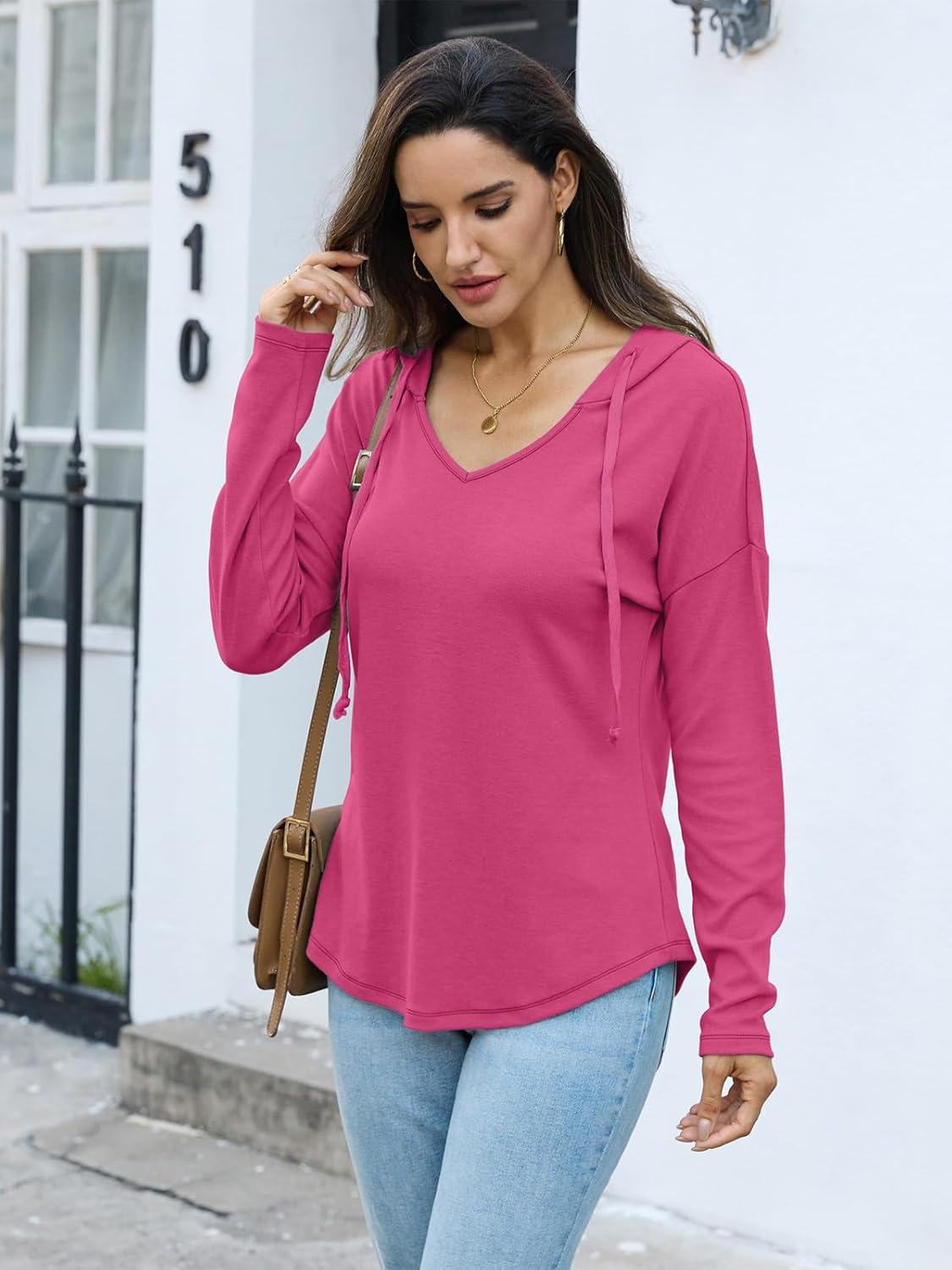 imageWomens V Neck Hoodies Lightweight Drawstring Sweatshirts Casual Loose Pullover Fall Long Sleeve Hooded Top 2026Hot Pink