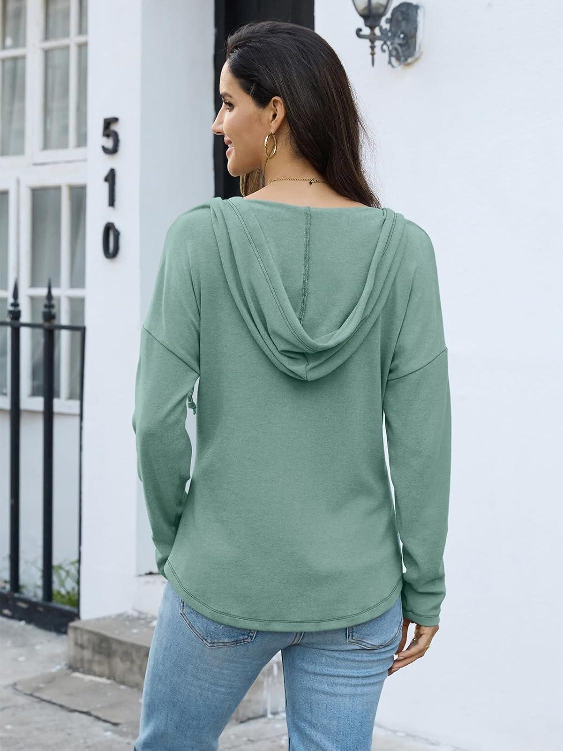 imageWomens V Neck Hoodies Lightweight Drawstring Sweatshirts Casual Loose Pullover Fall Long Sleeve Hooded Top 2026Mint Green