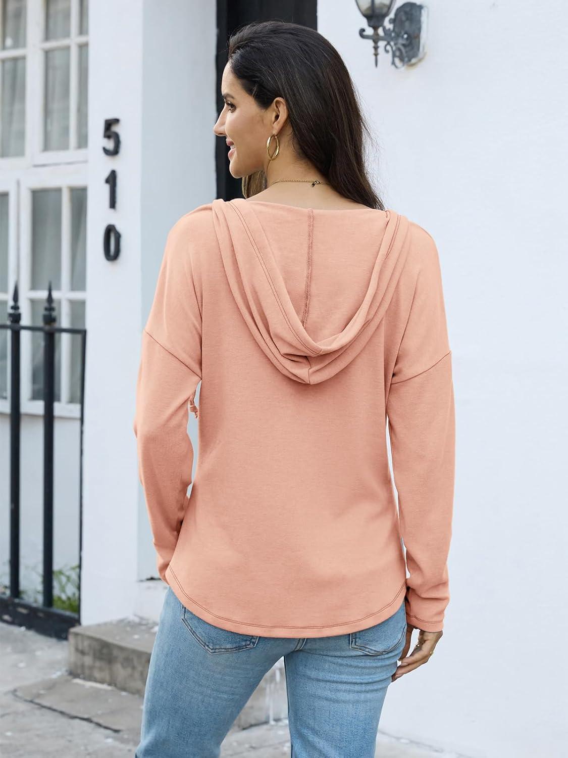 imageWomens V Neck Hoodies Lightweight Drawstring Sweatshirts Casual Loose Pullover Fall Long Sleeve Hooded Top 2026Peachy Pink