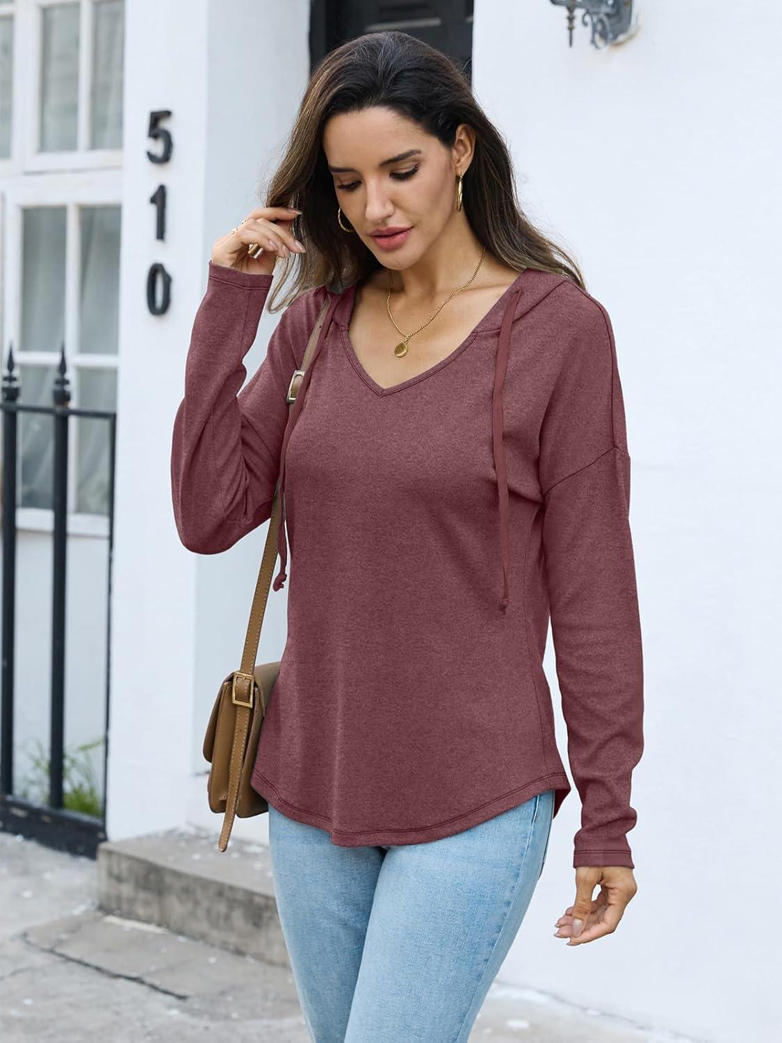 imageWomens V Neck Hoodies Lightweight Drawstring Sweatshirts Casual Loose Pullover Fall Long Sleeve Hooded Top 2026Wine Red