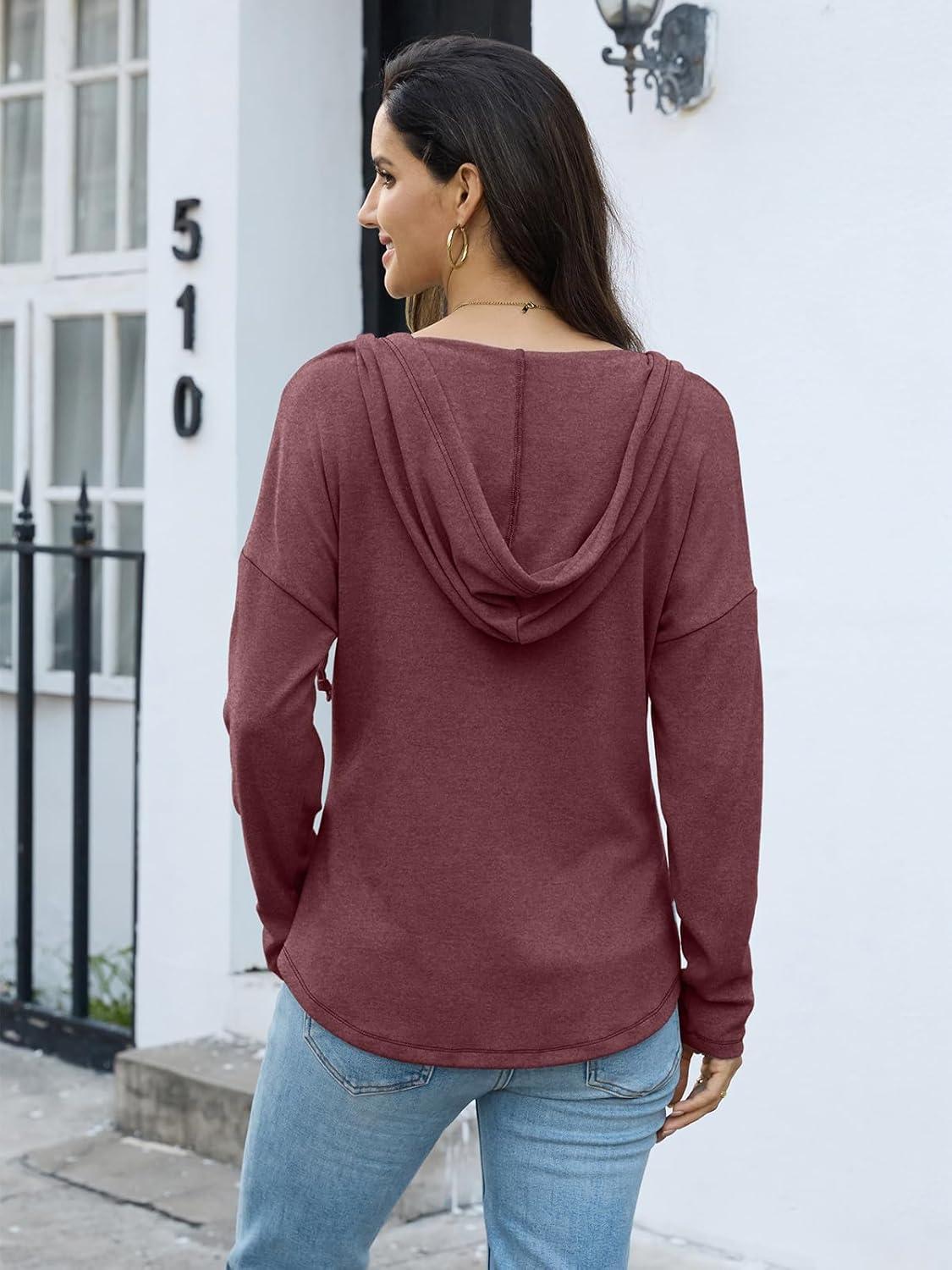 imageWomens V Neck Hoodies Lightweight Drawstring Sweatshirts Casual Loose Pullover Fall Long Sleeve Hooded Top 2026Wine Red