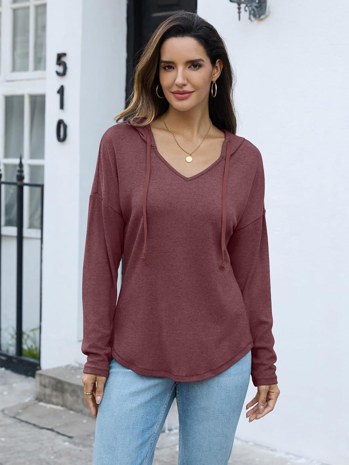 imageWomens V Neck Hoodies Lightweight Drawstring Sweatshirts Casual Loose Pullover Fall Long Sleeve Hooded Top 2026Wine Red