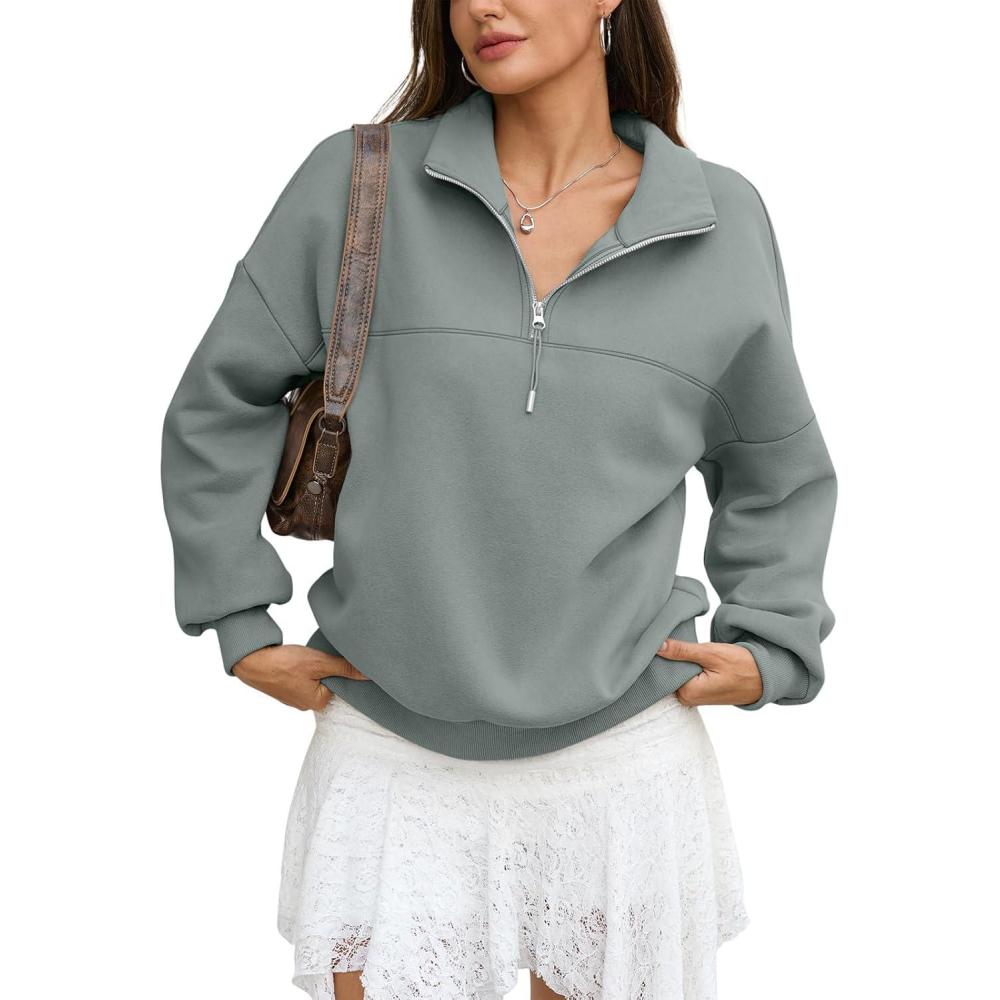 imageWomens Oversized Quarter Zip Sweatshirts Fleece Half Zipper Pullover Tops Fall Fashion Outfits Clothes 2026Dusty Green