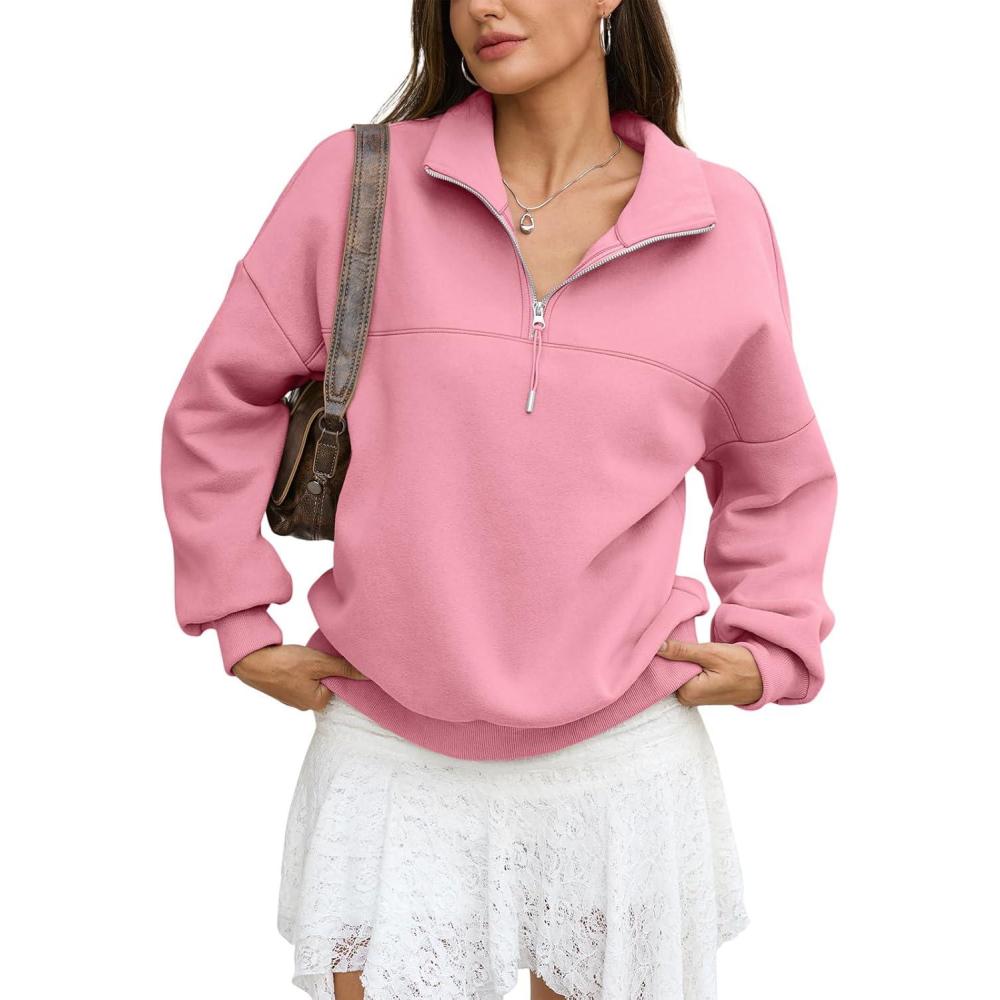 imageWomens Oversized Quarter Zip Sweatshirts Fleece Half Zipper Pullover Tops Fall Fashion Outfits Clothes 2026Pink