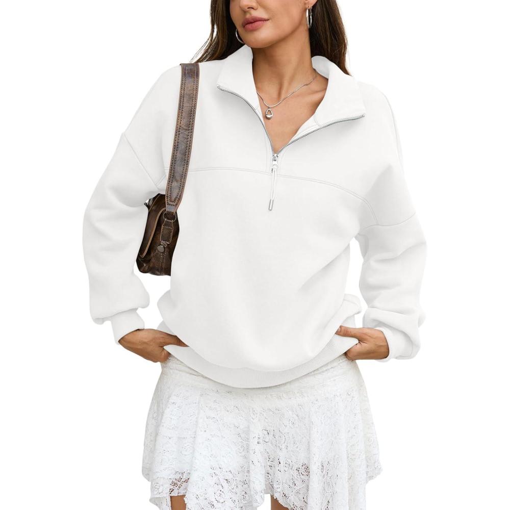 imageWomens Oversized Quarter Zip Sweatshirts Fleece Half Zipper Pullover Tops Fall Fashion Outfits Clothes 2026White
