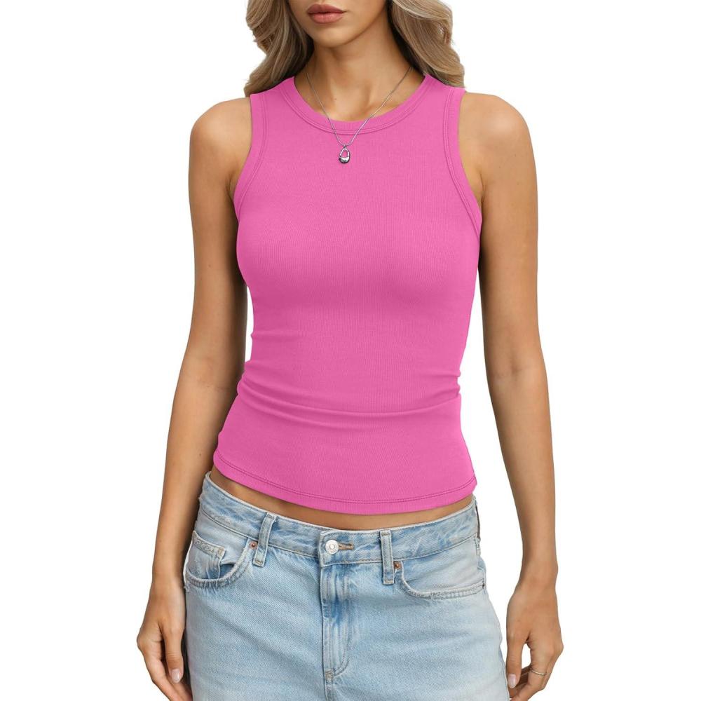 imageWomens Ribbed Cotton Tank Tops Basic Crew Neck Sleeveless Shirts Fitted Going Out Tops Summer Trendy 2026Pink
