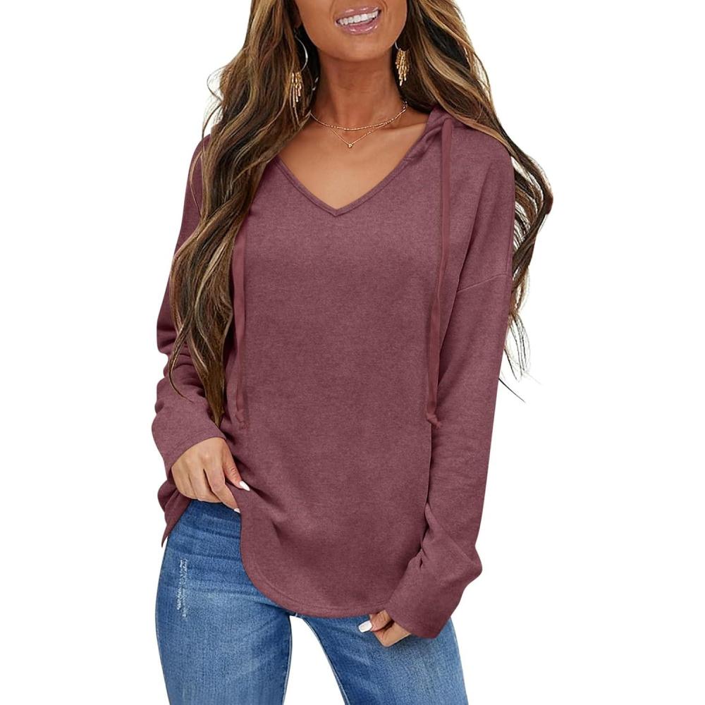 imageWomens V Neck Hoodies Lightweight Drawstring Sweatshirts Casual Loose Pullover Fall Long Sleeve Hooded Top 2026Wine Red
