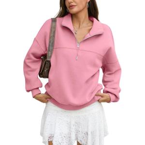 Womens Oversized Quarter Zip Sweatshirts Fleece Half Zipper Pullover Tops Fall Fashion Outfits Clothes 2026(Pink)