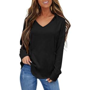 Womens V Neck Hoodies Lightweight Drawstring Sweatshirts Casual Loose Pullover Fall Long Sleeve Hooded Top 2026(Black)