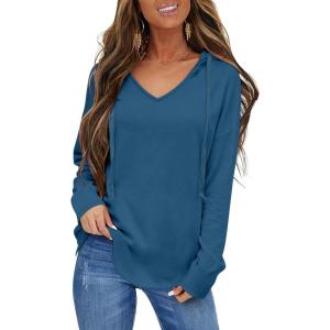 Womens V Neck Hoodies Lightweight Drawstring Sweatshirts Casual Loose Pullover Fall Long Sleeve Hooded Top 2026(Blue)