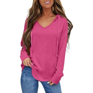Womens V Neck Hoodies Lightweight Drawstring Sweatshirts Casual Loose Pullover Fall Long Sleeve Hooded Top 2026(Hot Pink)
