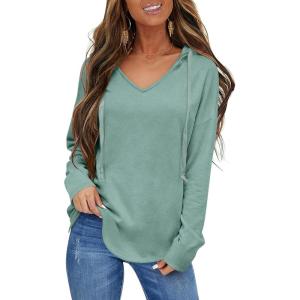 Womens V Neck Hoodies Lightweight Drawstring Sweatshirts Casual Loose Pullover Fall Long Sleeve Hooded Top 2026(Mint Green)