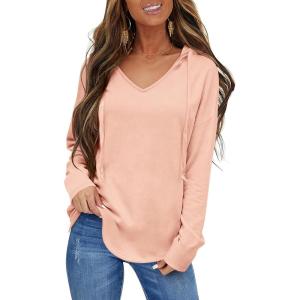 Womens V Neck Hoodies Lightweight Drawstring Sweatshirts Casual Loose Pullover Fall Long Sleeve Hooded Top 2026(Peachy Pink)