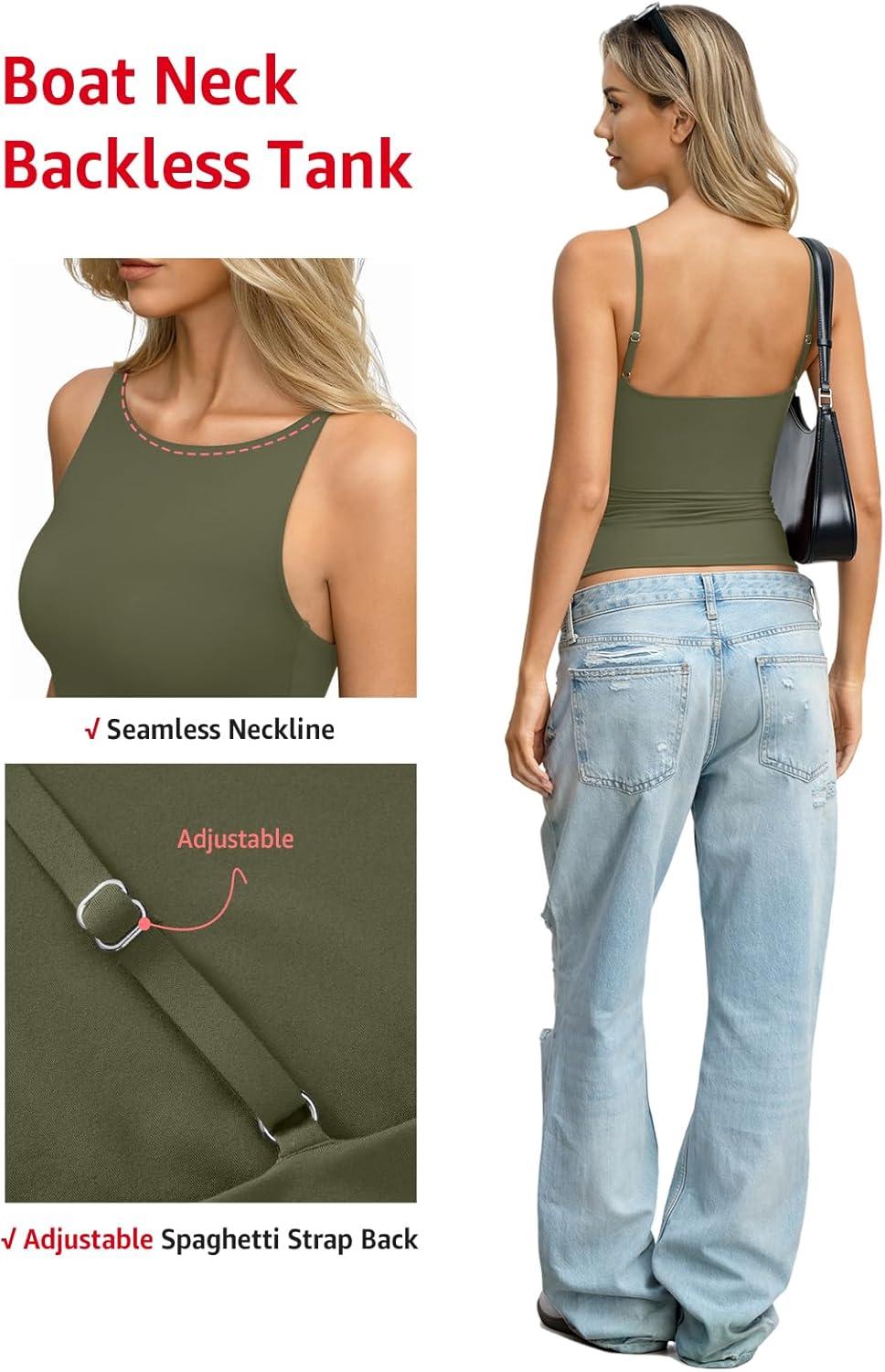 imageWomens Boat Neck Backless Tank Top Spaghetti Strap Open Back Camisole High Neck Fitted Shirt Y2K Going Out TopArmy Green