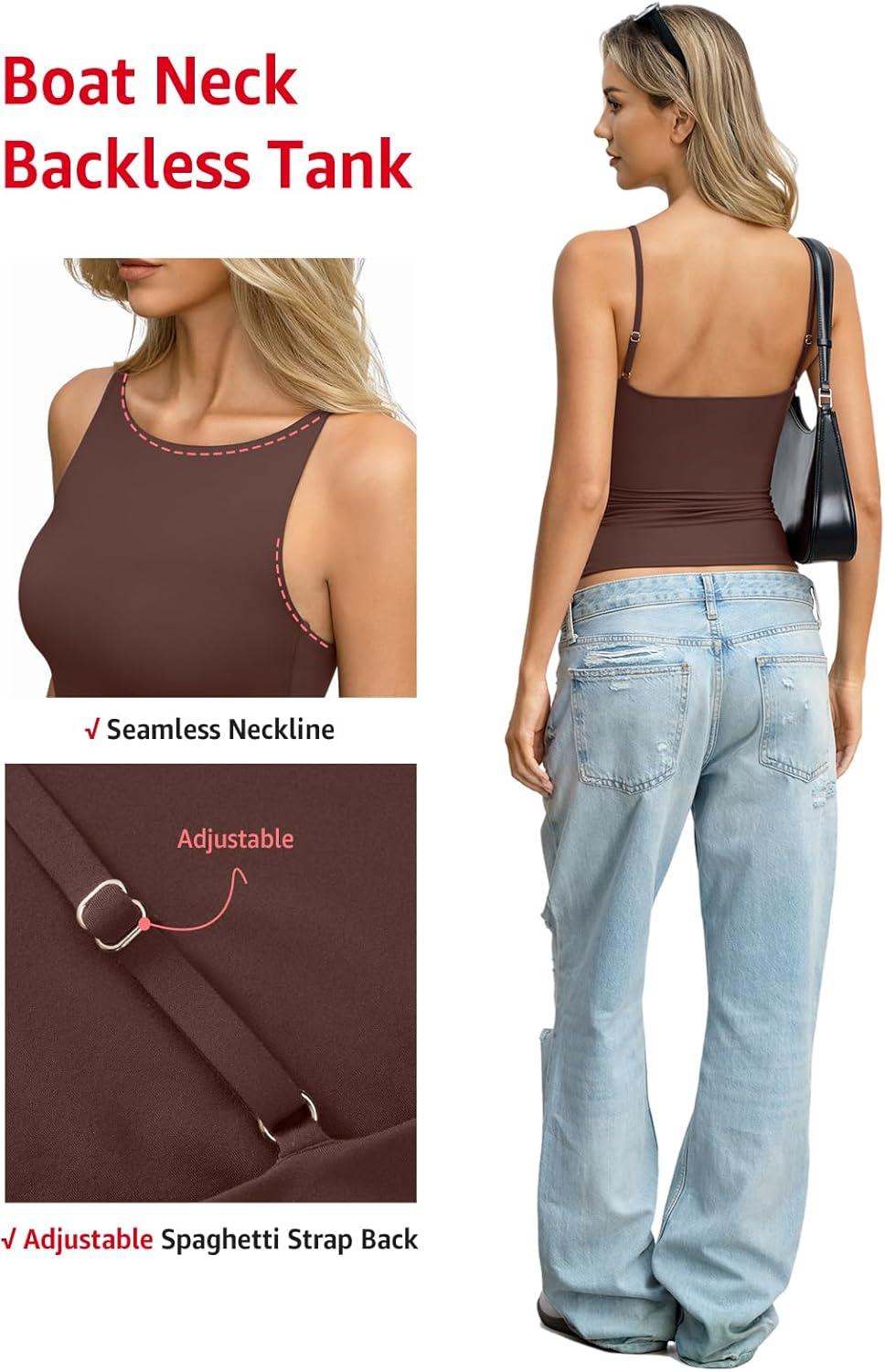 imageWomens Boat Neck Backless Tank Top Spaghetti Strap Open Back Camisole High Neck Fitted Shirt Y2K Going Out TopBrown