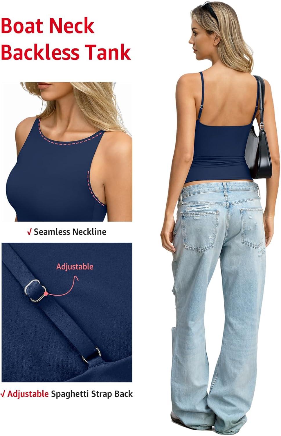 imageWomens Boat Neck Backless Tank Top Spaghetti Strap Open Back Camisole High Neck Fitted Shirt Y2K Going Out TopNavy Blue
