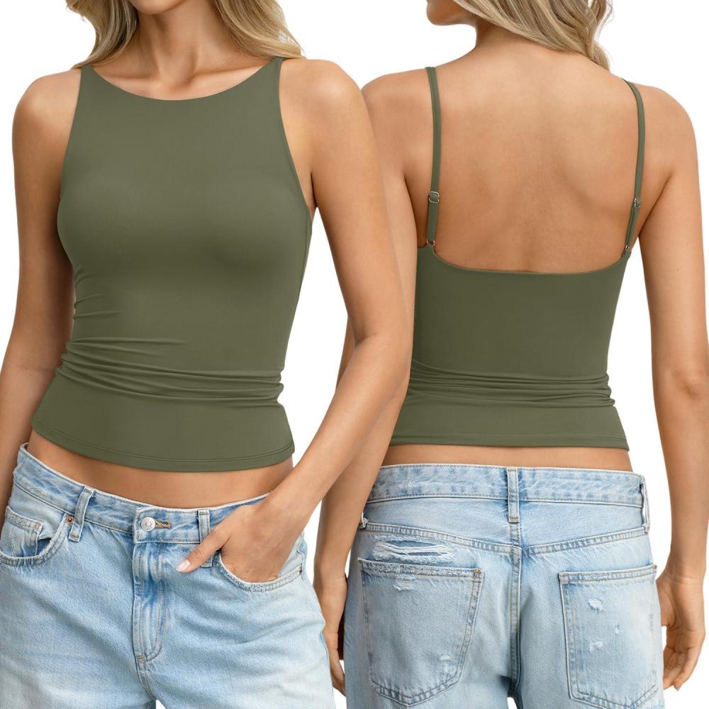 imageWomens Boat Neck Backless Tank Top Spaghetti Strap Open Back Camisole High Neck Fitted Shirt Y2K Going Out TopArmy Green
