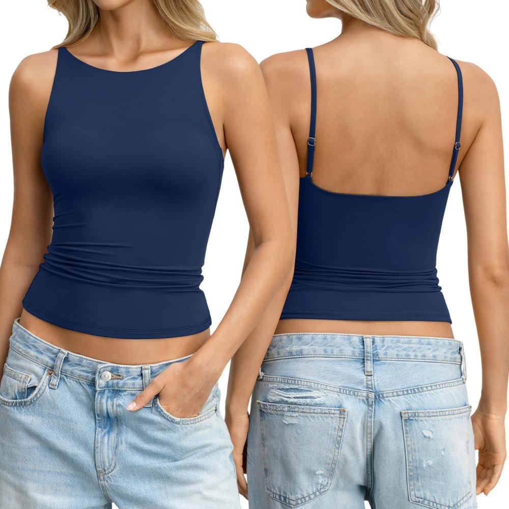 imageWomens Boat Neck Backless Tank Top Spaghetti Strap Open Back Camisole High Neck Fitted Shirt Y2K Going Out TopNavy Blue