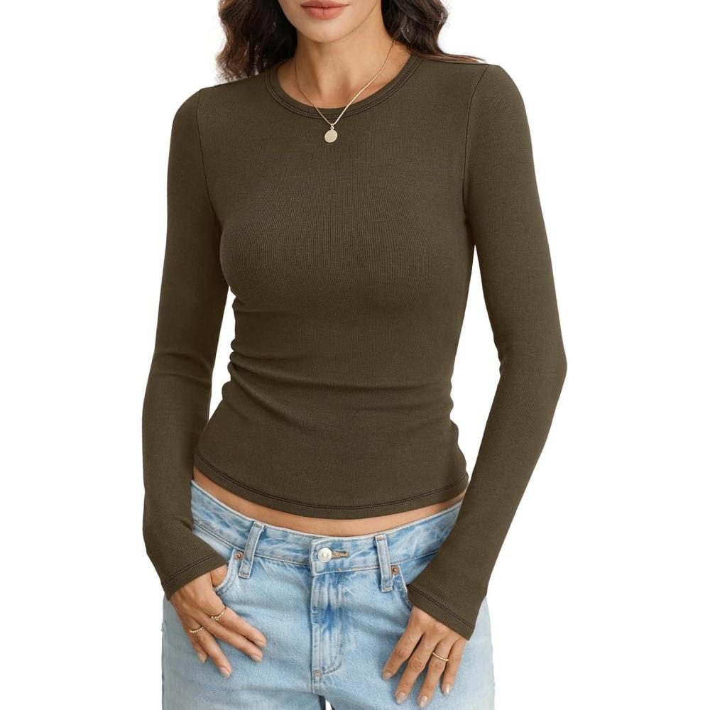 imageWomens Ribbed Cotton Long Sleeve Shirts Basic Crewneck Tee Slim Fit Going Out Tops Underscrub Fall Fashion 2026Brown