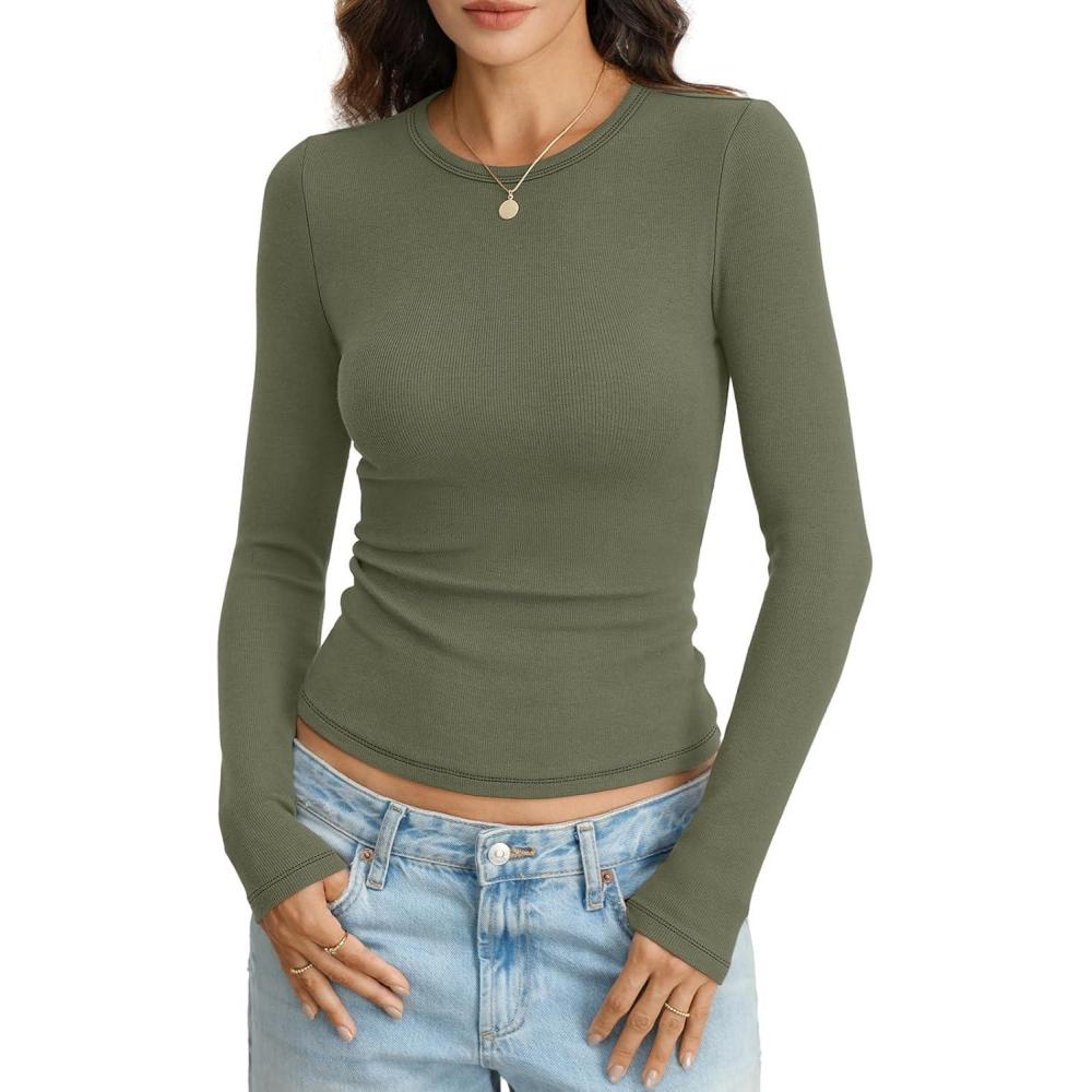 imageWomens Ribbed Cotton Long Sleeve Shirts Basic Crewneck Tee Slim Fit Going Out Tops Underscrub Fall Fashion 2026Green