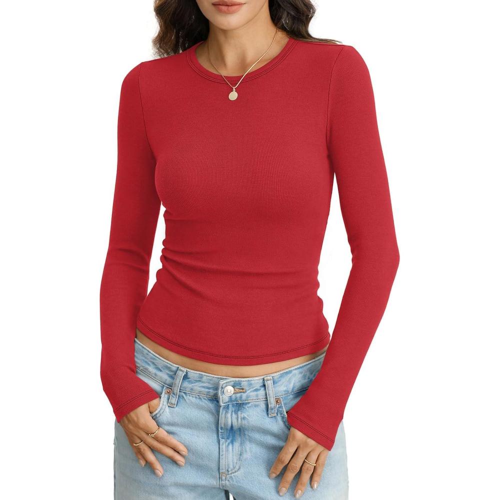 imageWomens Ribbed Cotton Long Sleeve Shirts Basic Crewneck Tee Slim Fit Going Out Tops Underscrub Fall Fashion 2026Red