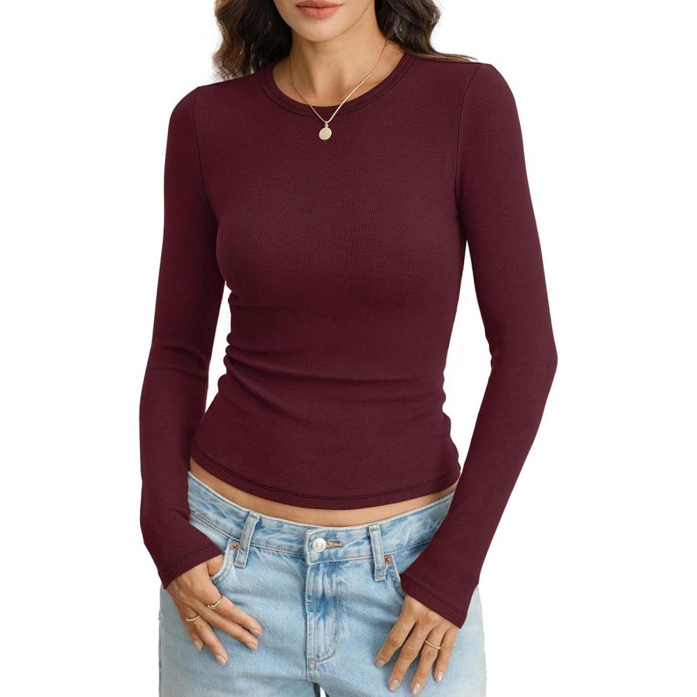 imageWomens Ribbed Cotton Long Sleeve Shirts Basic Crewneck Tee Slim Fit Going Out Tops Underscrub Fall Fashion 2026Wine Red