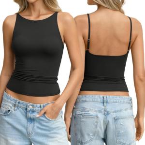 Womens Boat Neck Backless Tank Top Spaghetti Strap Open Back Camisole High Neck Fitted Shirt Y2K Going Out Top(Black)