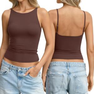Womens Boat Neck Backless Tank Top Spaghetti Strap Open Back Camisole High Neck Fitted Shirt Y2K Going Out Top(Brown)