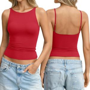 Womens Boat Neck Backless Tank Top Spaghetti Strap Open Back Camisole High Neck Fitted Shirt Y2K Going Out Top(Red)