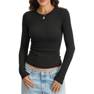 Womens Ribbed Cotton Long Sleeve Shirts Basic Crewneck Tee Slim Fit Going Out Tops Underscrub Fall Fashion 2026(Black)